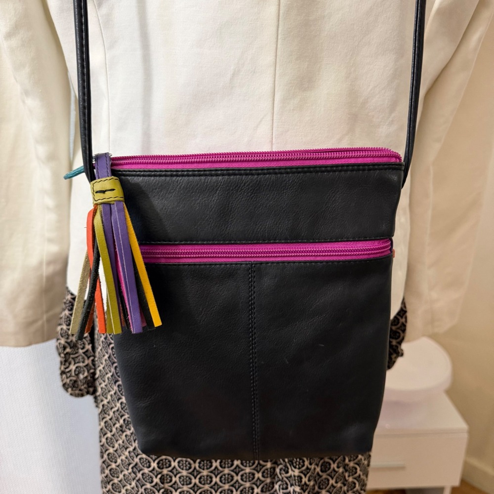 lil New York Black Leather Color block Crossbody Bag Pink Orange Tassel Zip
